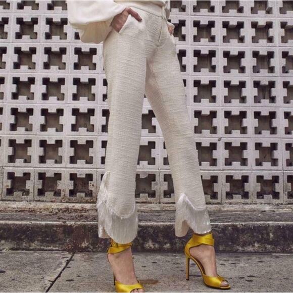 Alexis Pants - Alexis Ivory Fringed Tatum Tweed Wide Leg Pants Womens Small